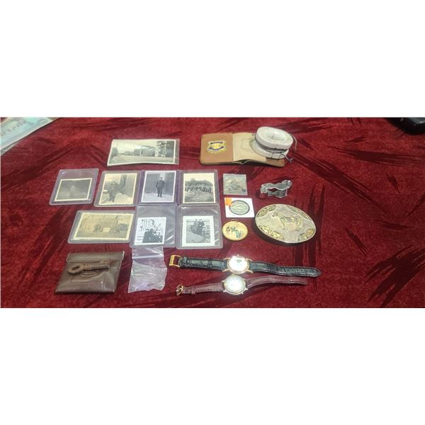 MONTANA SILVER SMITHS SILVER PLATED BELT BUCKLE, RETIRED RCMP BADGE, FUR TRADE TOKEN, PHOTO'S AND MO