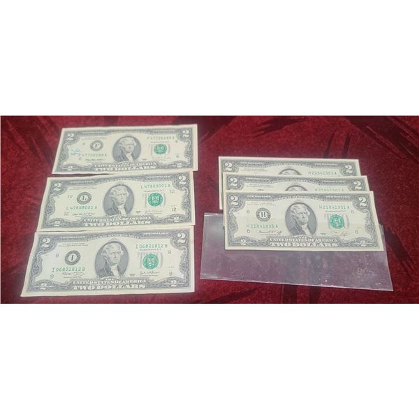 SIX $2 BILLS - THREE OF THE NOTES ARE SEQUENTIAL