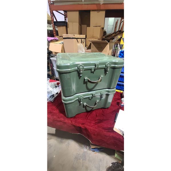 TWO 25" X 19" X 12" GREEN ARMY CRATES - NO HOLES, CRACKS, AND HAVE BOTH CLASPS