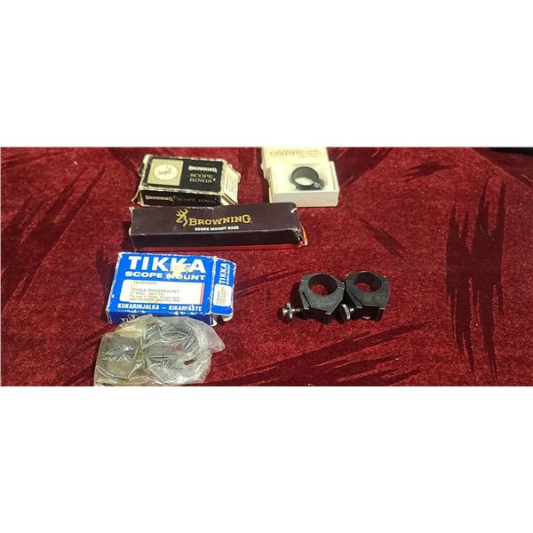 ASSORTS RINGS INCL: TWO SETS OF TIKKA SCOPE MOUNTS, BROWNING RINGS AND BASE AND CONETROL