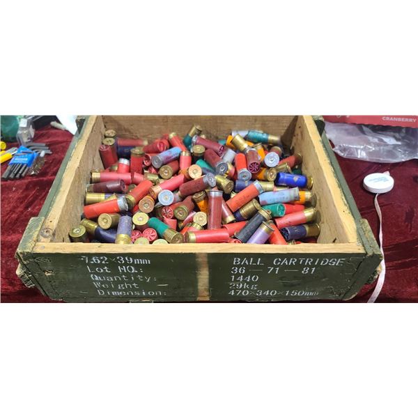 13 X 11 X 3" CRATE FULL OF MIXED 12GA 2 3/4" ASSORTED SHOT MOSTLY LEAD