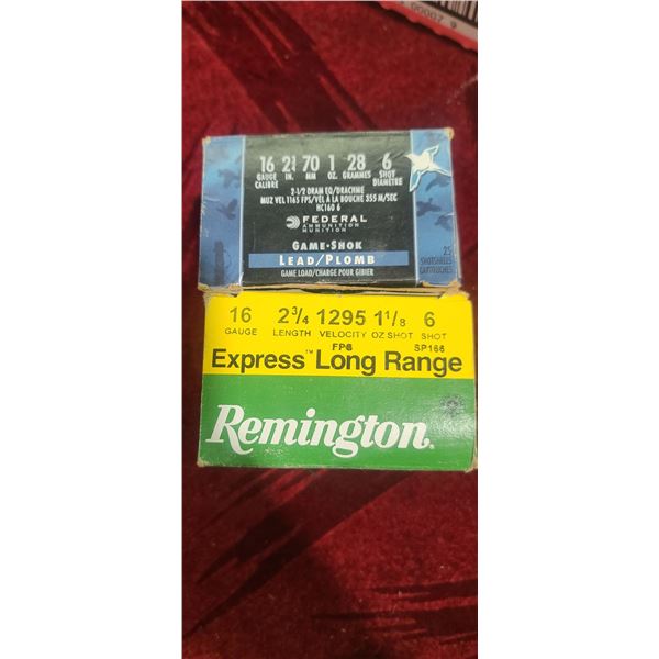 TWO BOXES OF 16GA 2 3/4" 6SHOT 1OZ AND 1 1/8OZ REMINGTON EXPRESS LONG RANGE AND FEDERAL GAME SHOK