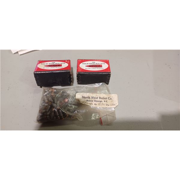 2 FULL BOXES OF NOSLER 22 CAL 55 GRAIN BULLETS AND BAG OR NORTHWEST 22 55 GR FN BULLETS