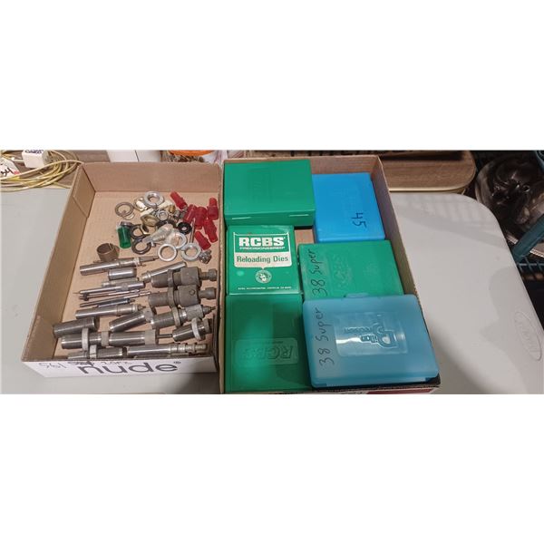 BOX OF ASSORTED RELOADING DIES, PARTS AND EMPTY DIE CASES
