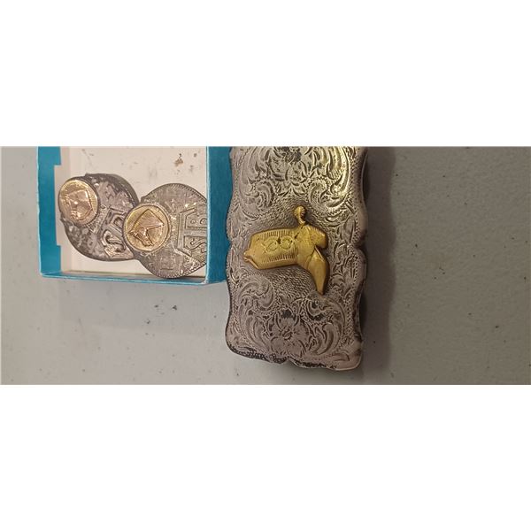 COWBOY BELT BUCKLE AND 2 BOLOS