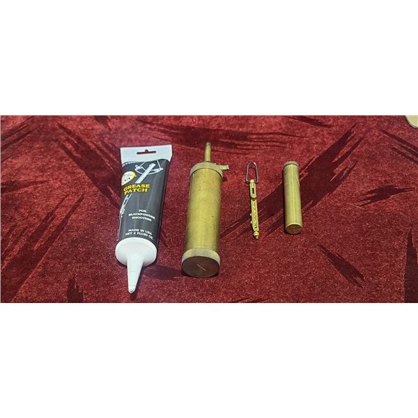 CVA POWDER POORER (EMPTY), GREAE PATCH, PERCUSION CAP DISPENSER AND BRASS OILER