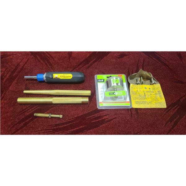 MISC TOOLS, TWO BRASS PUNCHES, EAB DIAMOND HOLE SAW AND STANLEY COUNTER SINK BITS
