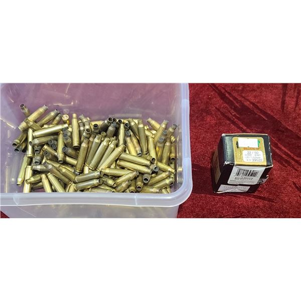 PARTIAL BOX OF NOSLER BALLISTIC TIP 22 BULLETS AND OVER 100 ASSORTED BRASS AND SOME WITH PRIMERS