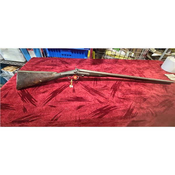 DAMASCUS UNDER LEVER HAMMER GUN  STOCK BROKEN 28 INCH BARREL (349)