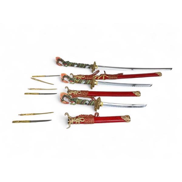 Stainless Steel 3-Piece Dragon Sword Set, 11.5", 16.75" and 26.25" Lengths, Red
