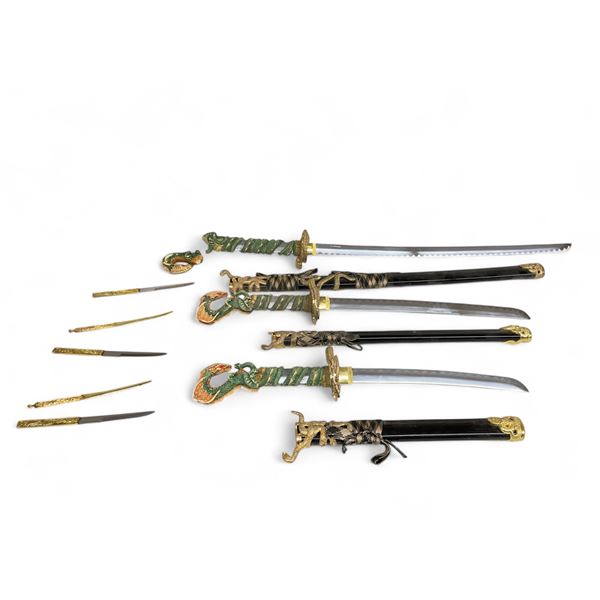 Stainless Steel 3-Piece Dragon Sword Set, 11.5", 16.75" and 26.25" Lengths, Black