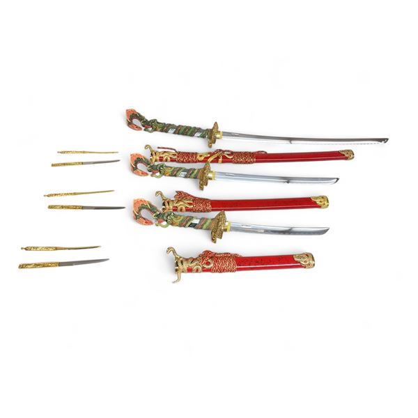 Stainless Steel 3-Piece Dragon Sword Set, 11.5", 16.75" and 26.25" Lengths, Red