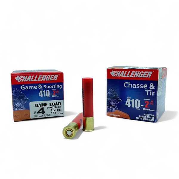Challenger Game and Sporting 410 Gauge Bore, 2 1/2" Lead #4 Ammunition, 50 Rounds
