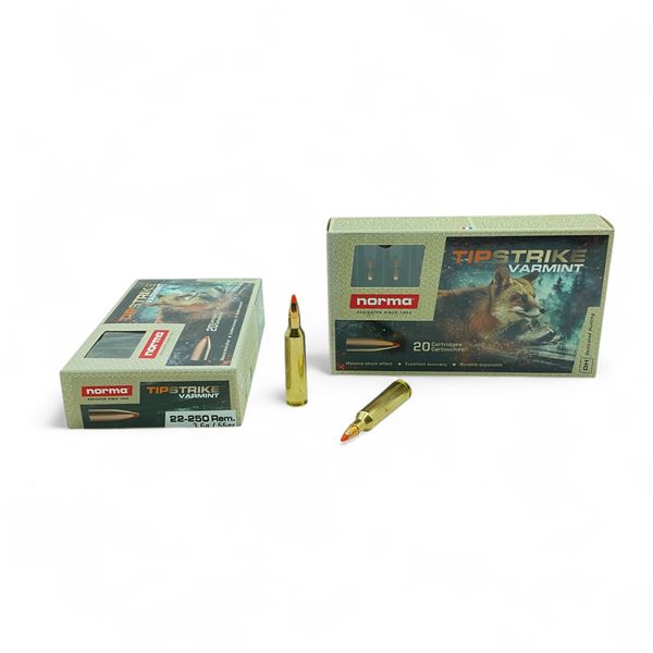 Norma Tip Strike Varmint 22-250 Rem, 55 Grain Ammunition, 40 Rounds