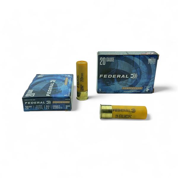 Federal Power-Shok 20 Ga, 2-3/4", 3 Buck Maximum Buckshot 20 Pellet Ammunition, 10 Rounds