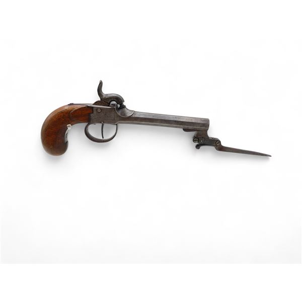 Smooth Bore Percussion Cap Pistol 4" Barrel Wood Grips With Folding Bayonet, Antique