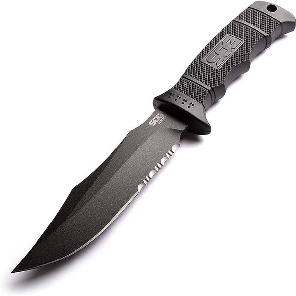 SOG Seal Pup Fixed 4-3/4" Blade Knife, Partially Serrated Black Powdercoat Blade, Nylon Sheath, New