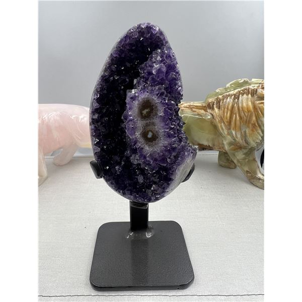 7.5 X 3 INCH  HIGH GRADE URUGYAN UNIQUE AMETHYST CLUSTER ON METAL STAND