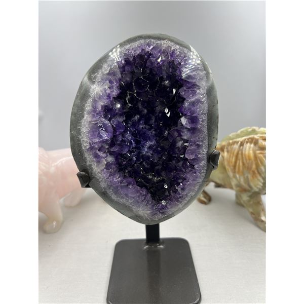10 X 4.7 INCH  AMETHYST CRYSTAL ON STAND BEAUTIFUL PIECE DARK COLOURS