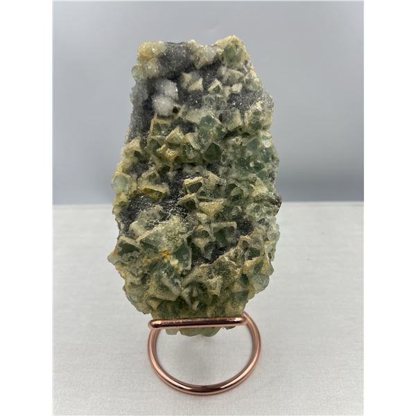 8 X 4 INCH GREEN SUGAR  FLUORITE WITH CALCITE ON STAND