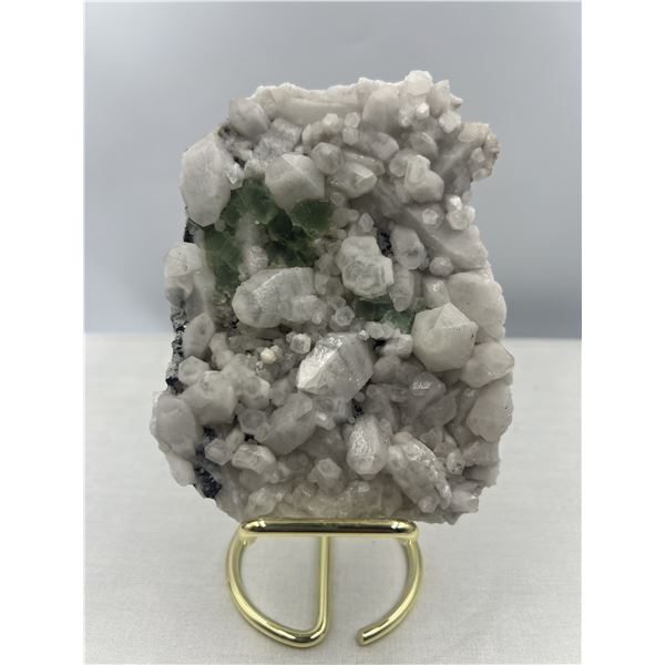 5 X 3 INCH GREEN FLUORITE WITH CALCITE SPECIMEN ON STAND