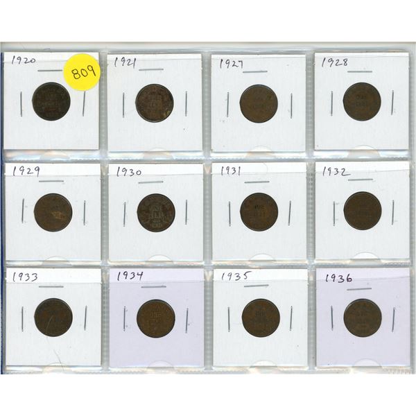 Set of 12 Canadian George V Small Cents. Includes 1920, 1921, 1927, 1928, 1929, 1930, 1931, 1932, 19