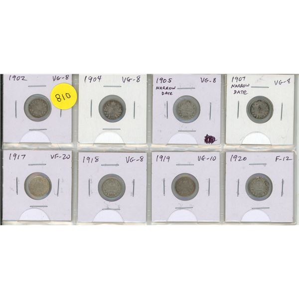 Set of 8 Canadian Silver 5 Cents. Includes 1902, 1904, 1905 Narrow Date, 1907 Narrow Date, 1917, 191