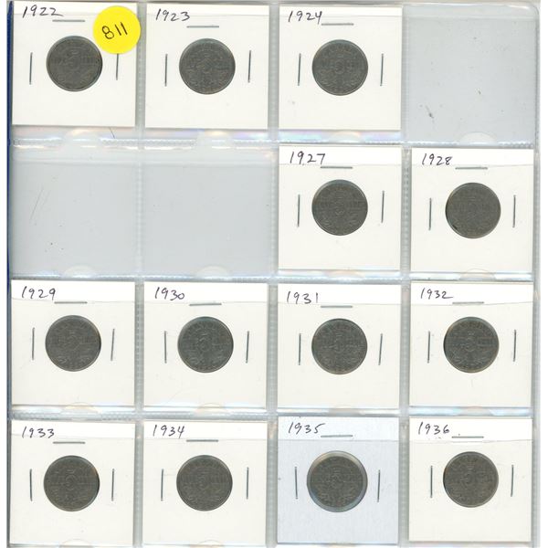 Set of 13 Canadian George V Nickel 5 Cents. Includes 1922, 1923, 1924, 1927, 1928, 1929, 1930, 1931,