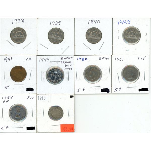 Lot of  5 Cents Coins of 1938, 1939, 1940, 1943, 1944, 1950, 1961, 1954 and 1915 Ten Cents Coin.