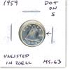 Image 1 : 1959 Canadian Silver 10 Cents. This variety has a Dot on the bottom of the 5. Not listed in Zoell. M