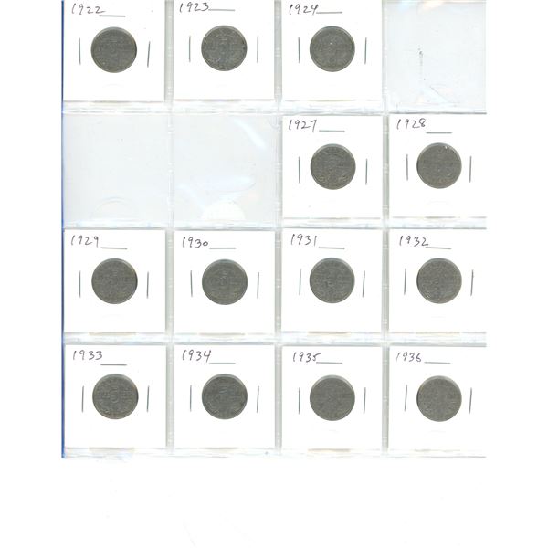 Set of 13 Canadian King George V Nickel 5 Cents. Includes 1922, 1923, 1924, 1927, 1928, 1929, 1930, 