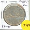 Image 1 : 1953 Shoulder Fold Canadian Silver Dollar with Full Water Lines in front of Canoe. EF-40.