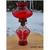 Image 1 : Red oil lamp with red stubby chimney.  Complete with wick