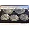 Image 1 : Lot of clear glass bowls and plates. Frosted Hibiscus flowers, Abstract Modern Cracked Ice Swirl.