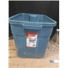 Image 10 : Lot of Assorted Bottles, Blue Plastic Bottle Crate and Rubbermaid Super Tough Storage Container.