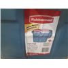 Image 11 : Lot of Assorted Bottles, Blue Plastic Bottle Crate and Rubbermaid Super Tough Storage Container.