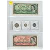 Image 1 : 1954 Canadian 5, 10, 25 Cents and One, Two Dollar Bills.
