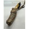 Image 2 : Vintage Hand Made Crocodile Headed Soapstone Pipe With Jade Eyes, Hide Shaft, & Feather Accents