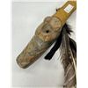 Image 8 : Vintage Hand Made Crocodile Headed Soapstone Pipe With Jade Eyes, Hide Shaft, & Feather Accents