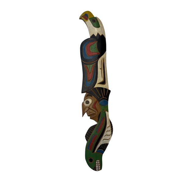 Vintage First Nations Hand Carved & Painted Plaque Eagle, Man, Fish By G Jim