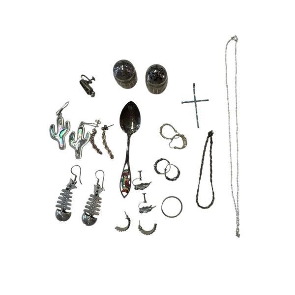 Assorted Sterling/Silver Items: Salt/Pepper Shakers, Earrings, Necklaces, Spoon