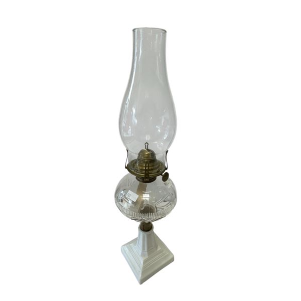 Vintage Hobbs Loop + Ribbed Band Milk Glass Oil Lamp (Square Base)