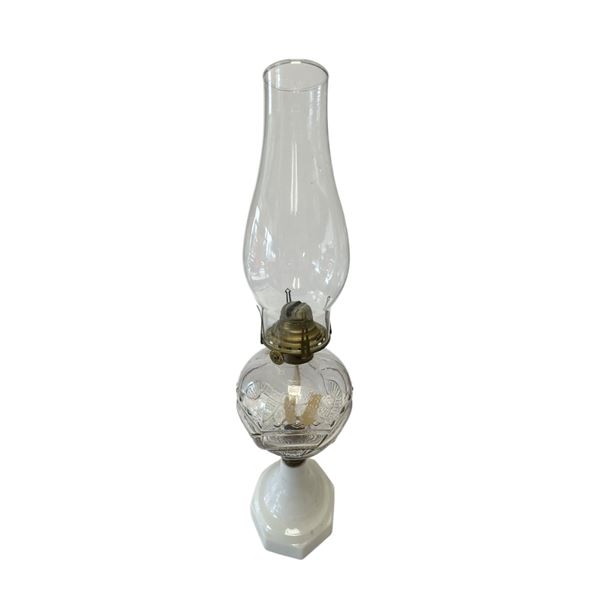 Vintage Scovill Milk Glass Bottom Pressed Glass Oil Lamp (Octagonal Base)