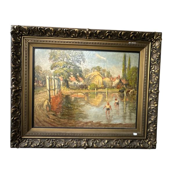 Antique Original Oil On Canvas Painting In A Beautiful Ornate Frame