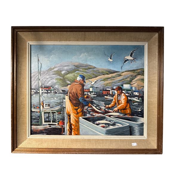 1983 Arist Signed Original Oil On Canvas Painting Titled "Cleaning Fish Petty Harbour Newfoundland