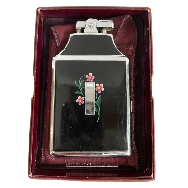 Vintage Ronson Floral Themed Cigarette Case Lighter Combo With Original Box & Dust Bag