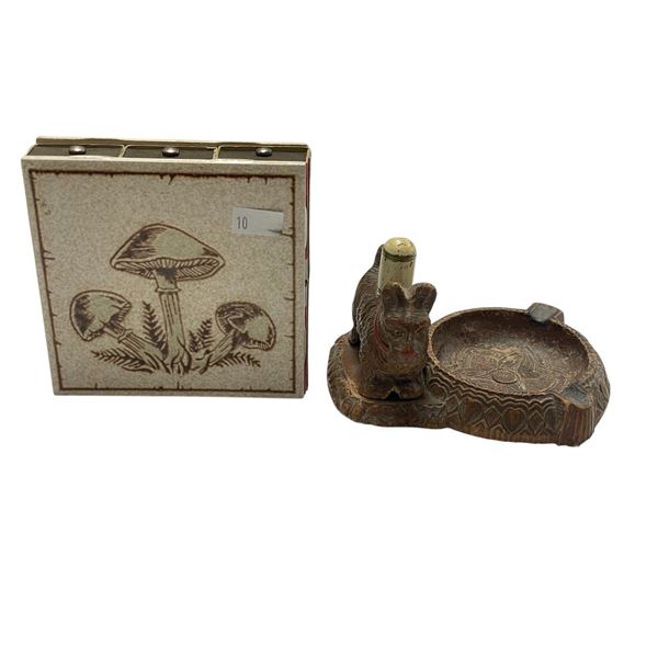 Vintage Handmade Mushroom Tile Match Box & Vintage Syroco Dog Ashtray and Cigarette Holder