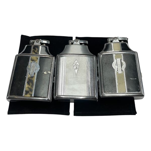 3 Vintage Ronson Lighters & Cigarette Holder with 2 Velvet Pouches