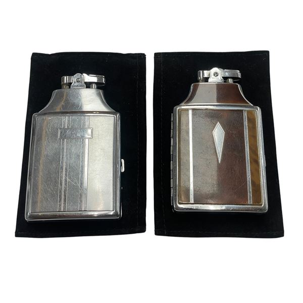 2 Vintage Ronson Gas Lighters & Cigarette Holders with 2 Velvet Pouches