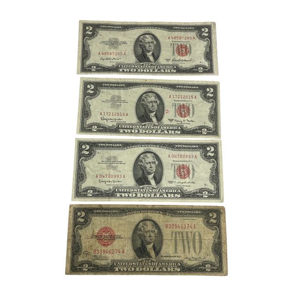 4 USA 2 Dollar Bills - 1928, 1953, 2 x 1963